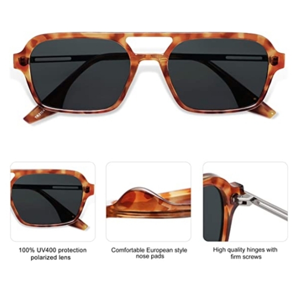 Tortoise Black Vintage Polarized Sunglasses 70s Retro Flat Narraw Rectangular - Picture 3 of 4
